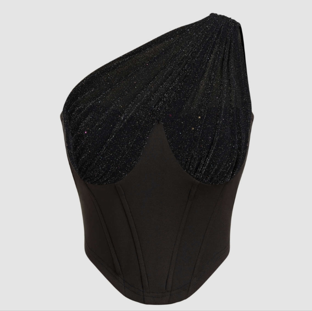 One-Shoulder Black Sparkle Corset Top - Picture 3 of 6